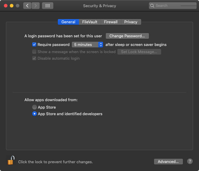 Unlocked Gatekeeper in System Preferences, Security & Privacy